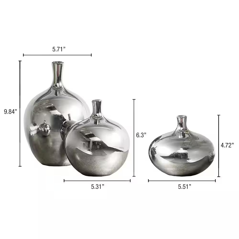 Ansen 3-Piece Silver Mirrored Ceramic Decorative Vases 3-Piece Set