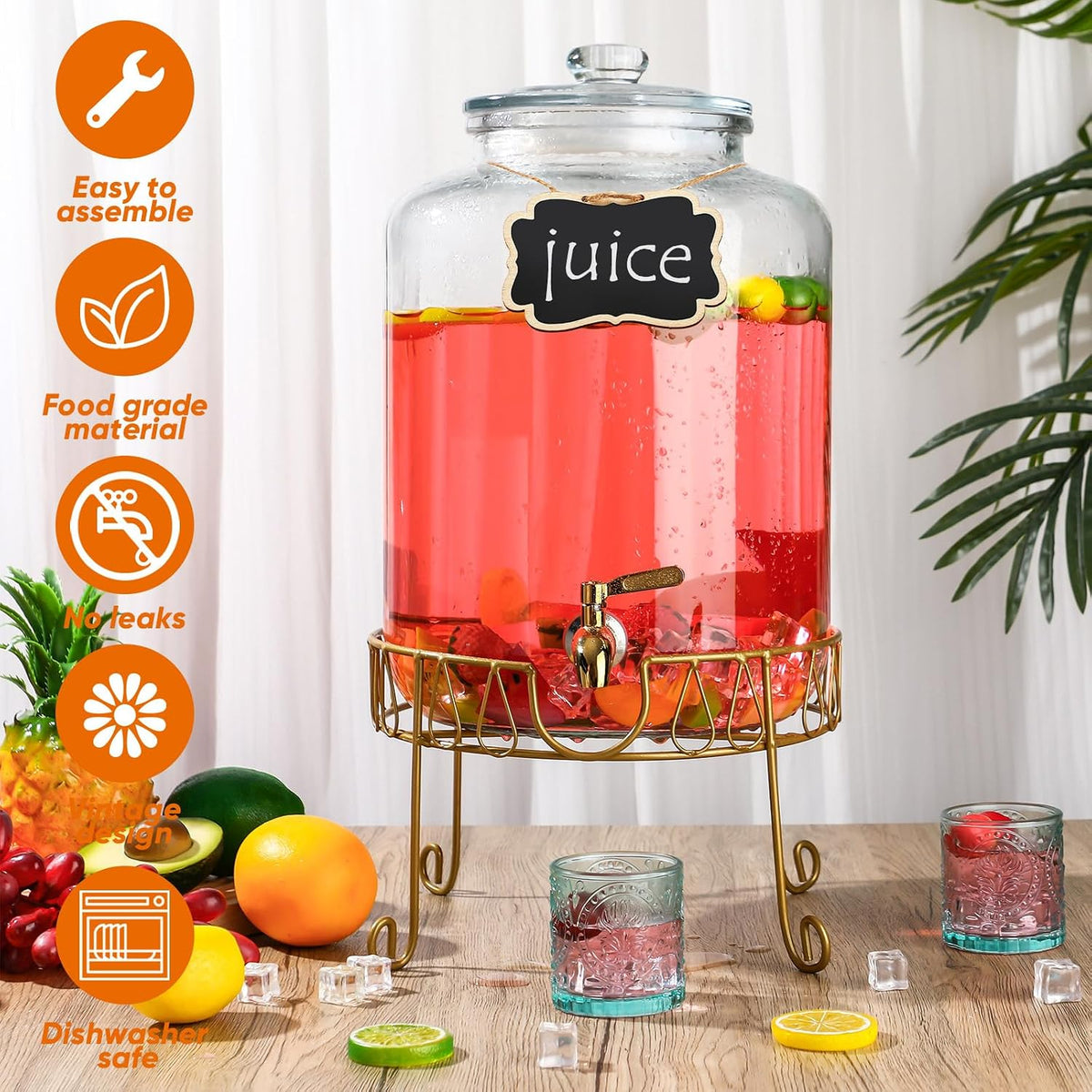 4 Gallon Glass Beverage Dispenser with Stand Spigot, Gold