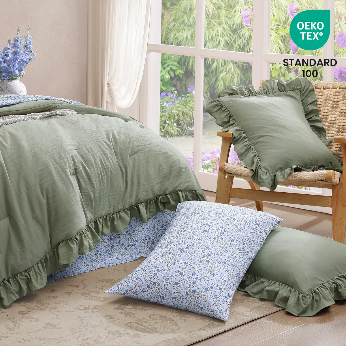 Ruffle Design 7-Piece Bed in a Bag Comforter Set with Sheets,Sage Green,Queen
