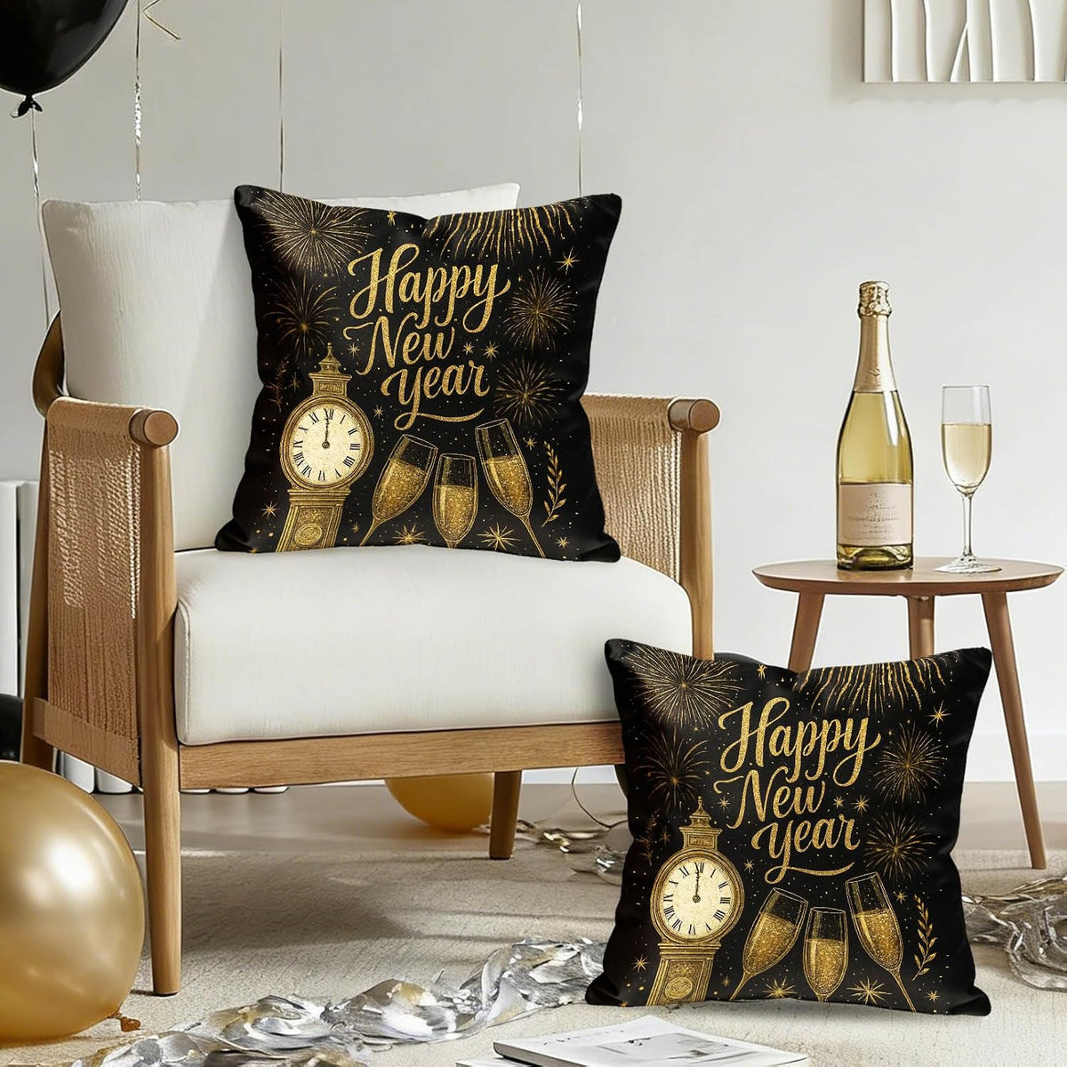 Set of 2 Happy New Year Throw Pillow Covers 18X18 Inch Soft Decorative Gold Black Celebration Cushion Covers Rustic Farmhouse Holiday Winter Pillow Cases for Sofa Couch Bed Home Decor