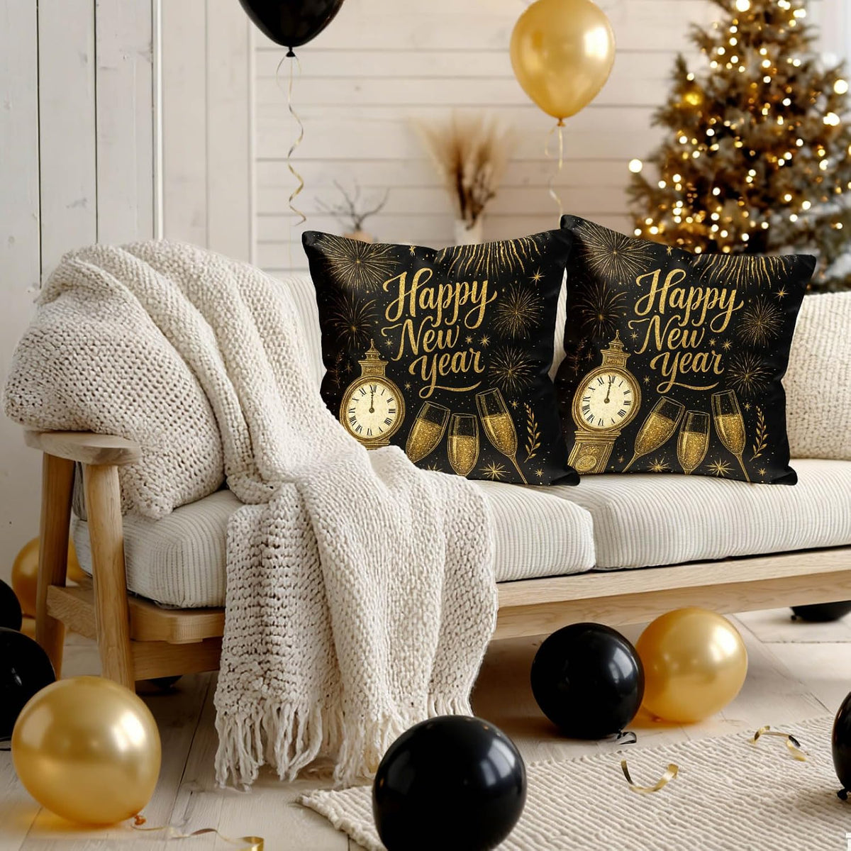 Set of 2 Happy New Year Throw Pillow Covers 18X18 Inch Soft Decorative Gold Black Celebration Cushion Covers Rustic Farmhouse Holiday Winter Pillow Cases for Sofa Couch Bed Home Decor