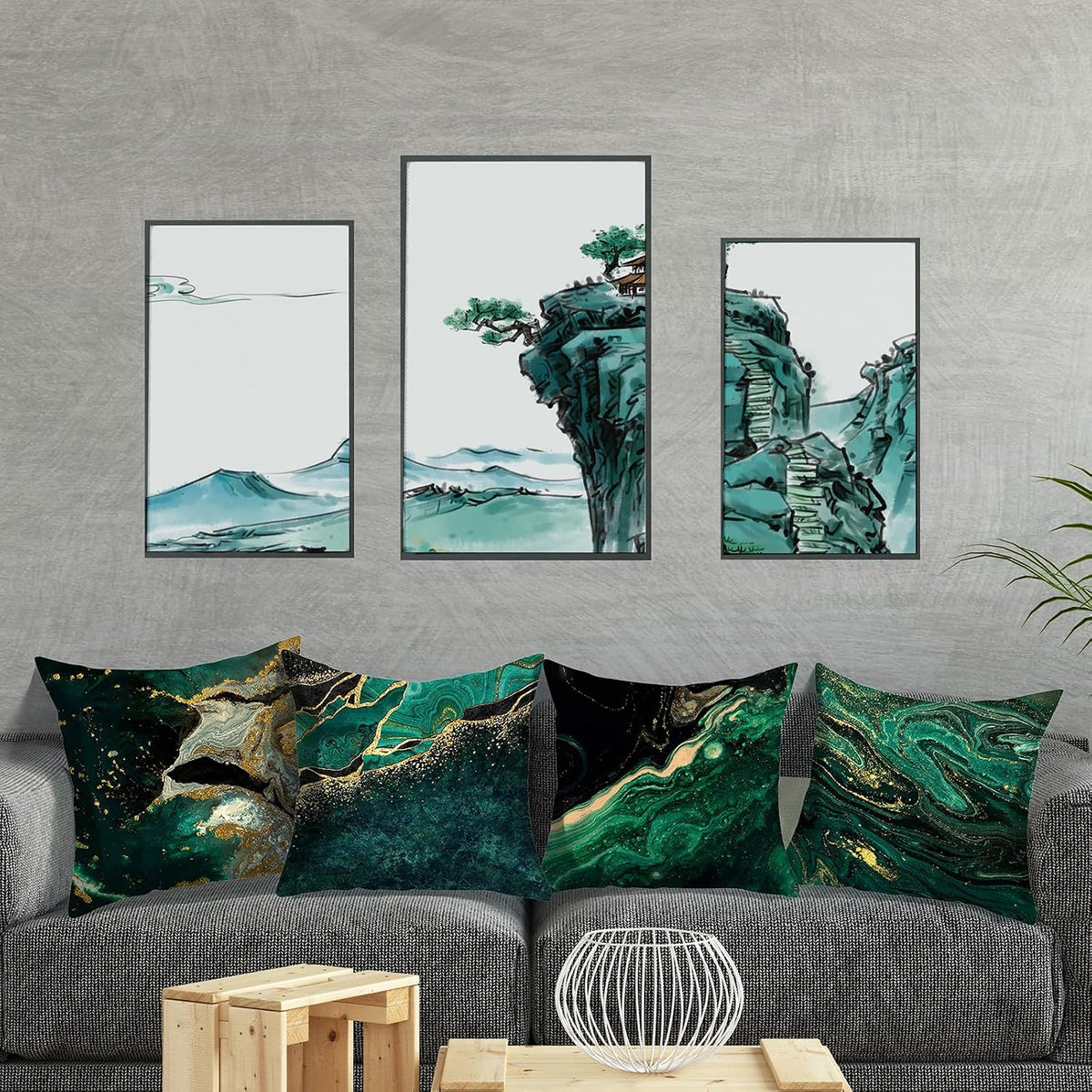 Emerald Green and Gold Marble Throw Pillow Covers 18X18 Set of 4