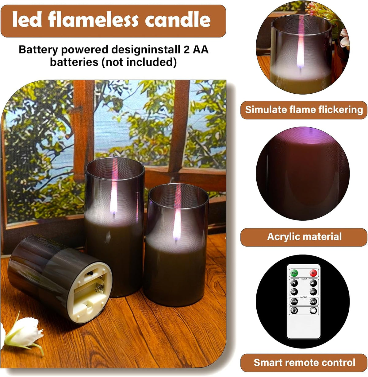 Flameless Candles Upgraded Realistic Flickering Flame,Battery Operated LED Candles with Remote Timers,Acrylic Electric Candles Set of 3(D 3" Xh 4" 5" 6")（Grey）