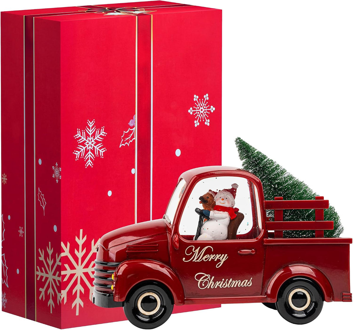 Christmas Snow Water Lantern Glittering Snowman and Pup in Red Truck with Christmas Tree, USB Lined/Battery Operated Lighted Spinning Lantern for Christmas Festival Decoration Gifts