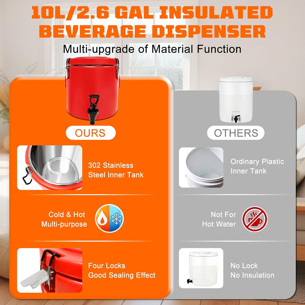 10L/2.6 Gallon Insulated Beverage Dispenser, Drink Dispenser with 304 Stainless Steel Interior and Spout, Portable Hot and Cold Water Dispensers for Parties Outdoors Camping