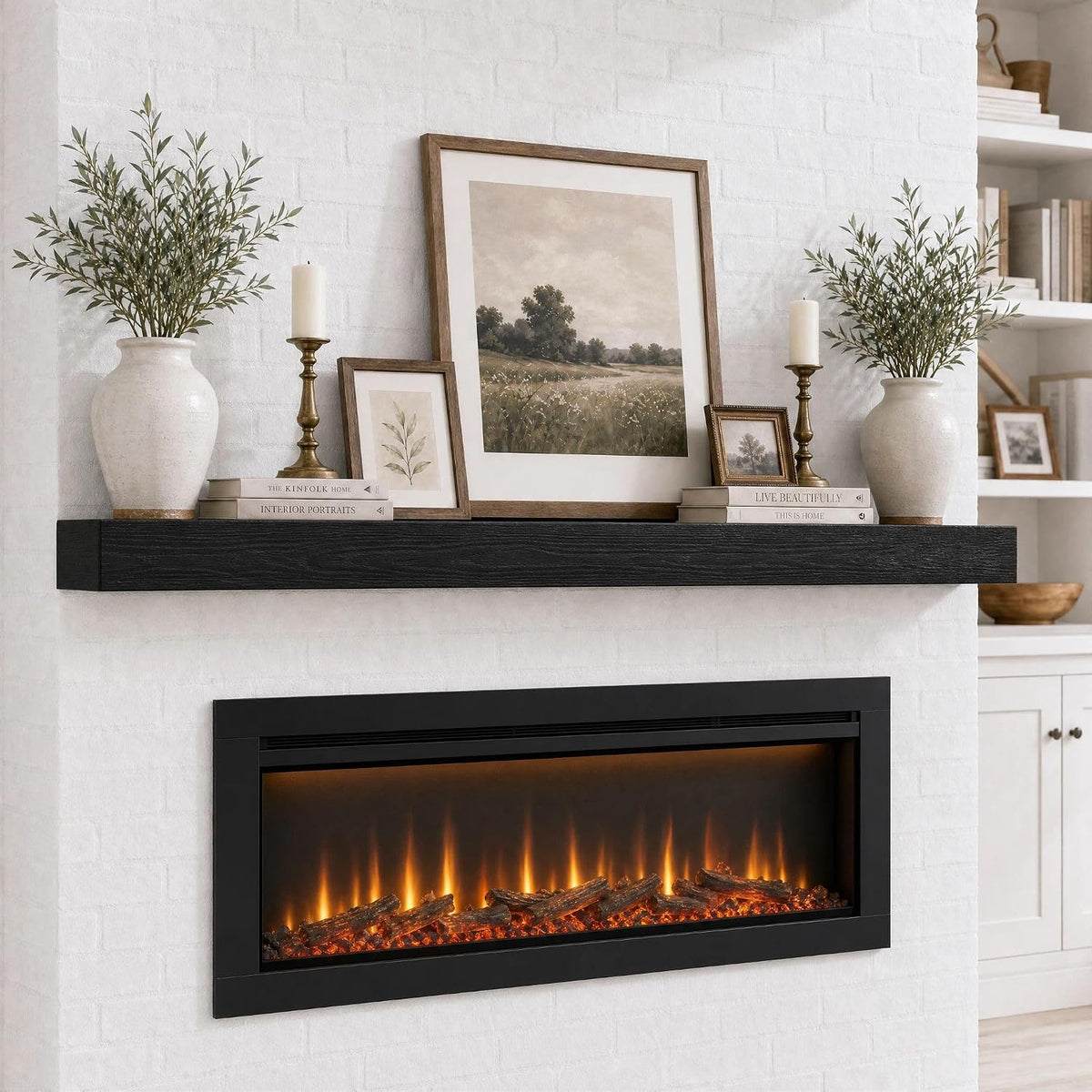 72 Inch Solid Wood Fireplace Mantel Shelf, Matte Black