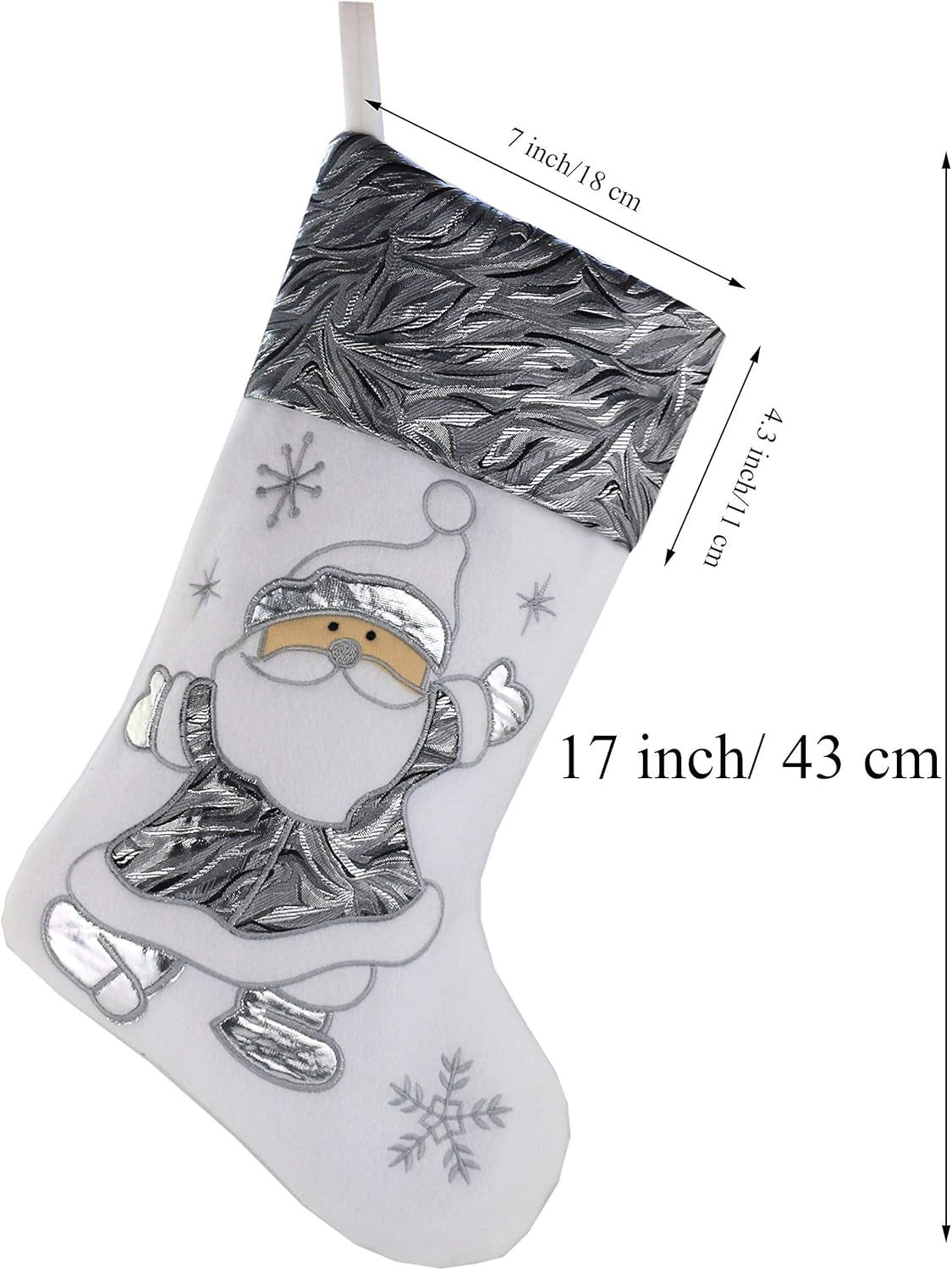 Classic White Silvery Christmas Stockings Set of 2 Santa, Snowman Xmas Character Fireplace Hanging Stockings 17 Inches for Holiday Party Family