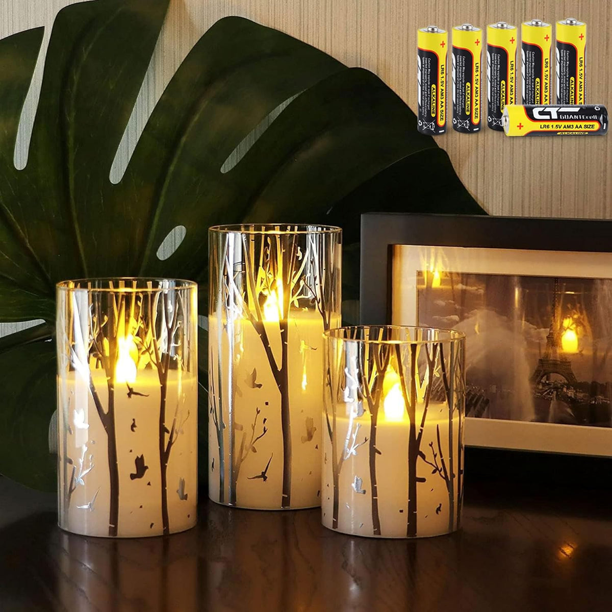 Birch Design Glass LED Candles with 6H Timer Function, Set of 3