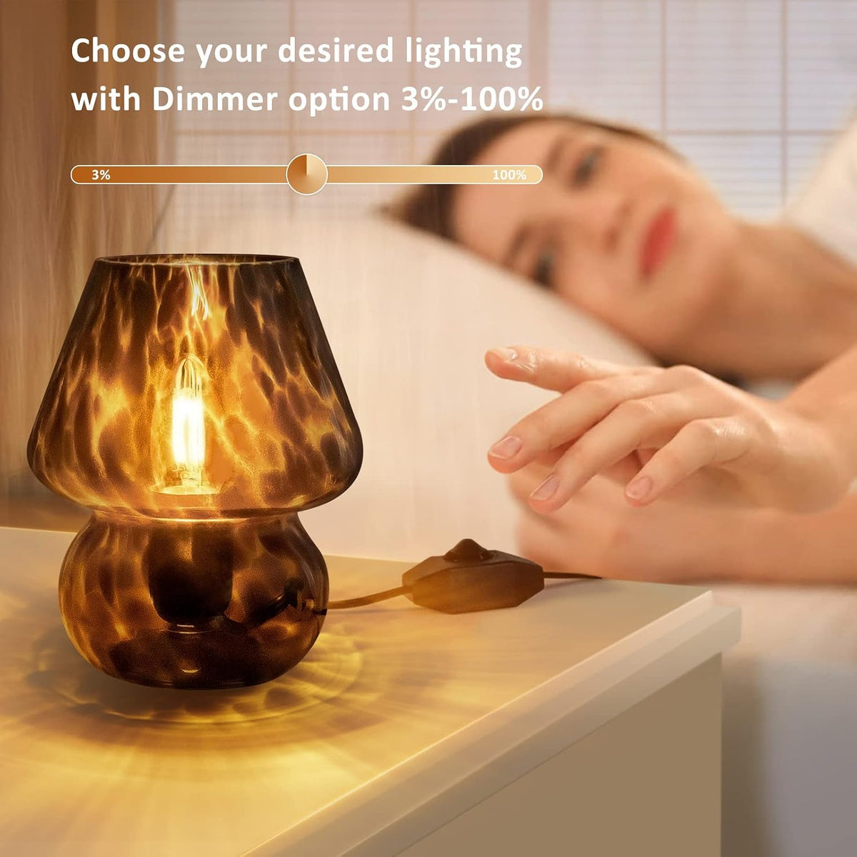 Mushroom Lamp Small Vintage Table Lamp for Bedroom Set of 2, Nightstand Bedside Lamp Translucent Glass Dimmable, Murano Aesthetic Home Decor for Living Room Kitchen Dorm(Black)