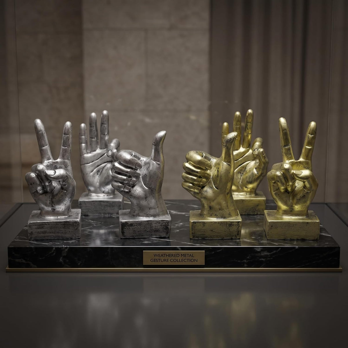 Hand Finger Gesture Desk Statues Fingers Sculpture Creative Home Living Room Cabinet Shelf Decoration (OK Gesture in Silver)