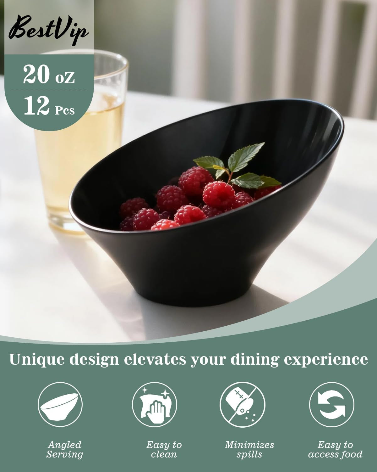 20 Oz Black Plastic Angled Serving Bowls, 12 Pack