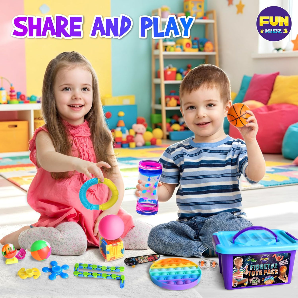 Fidget Pack Box for Boys Girls 4-12, Funkidz Fidget Toys for Kids 5-7 Autistic Sensory Mystery Birthday Gifts in Reusable Portable Treasure Box Nice Party Favors