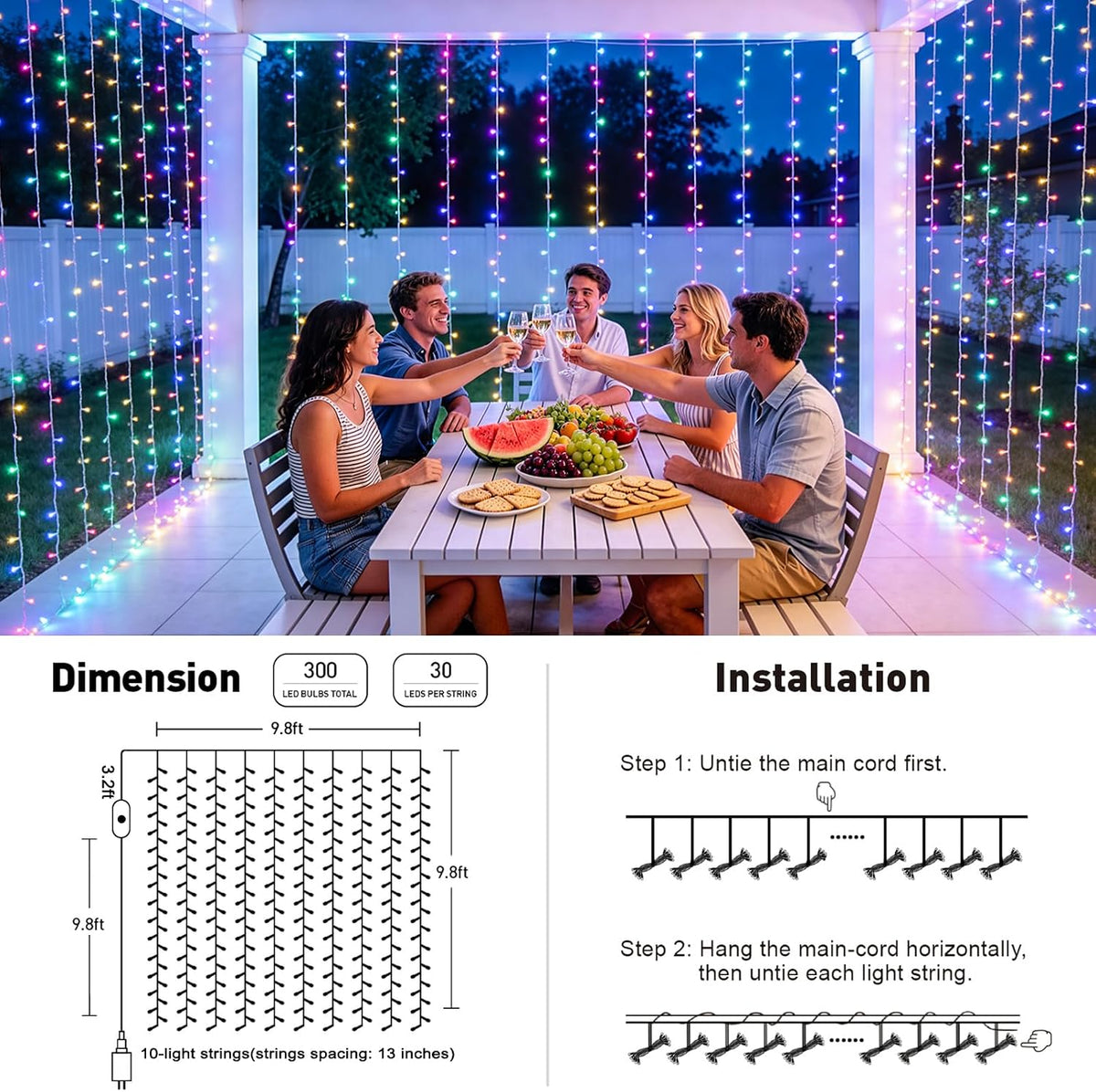 RGB Curtain Lights, 300 LED 9.8×9.8FT Color Changing String Lights
