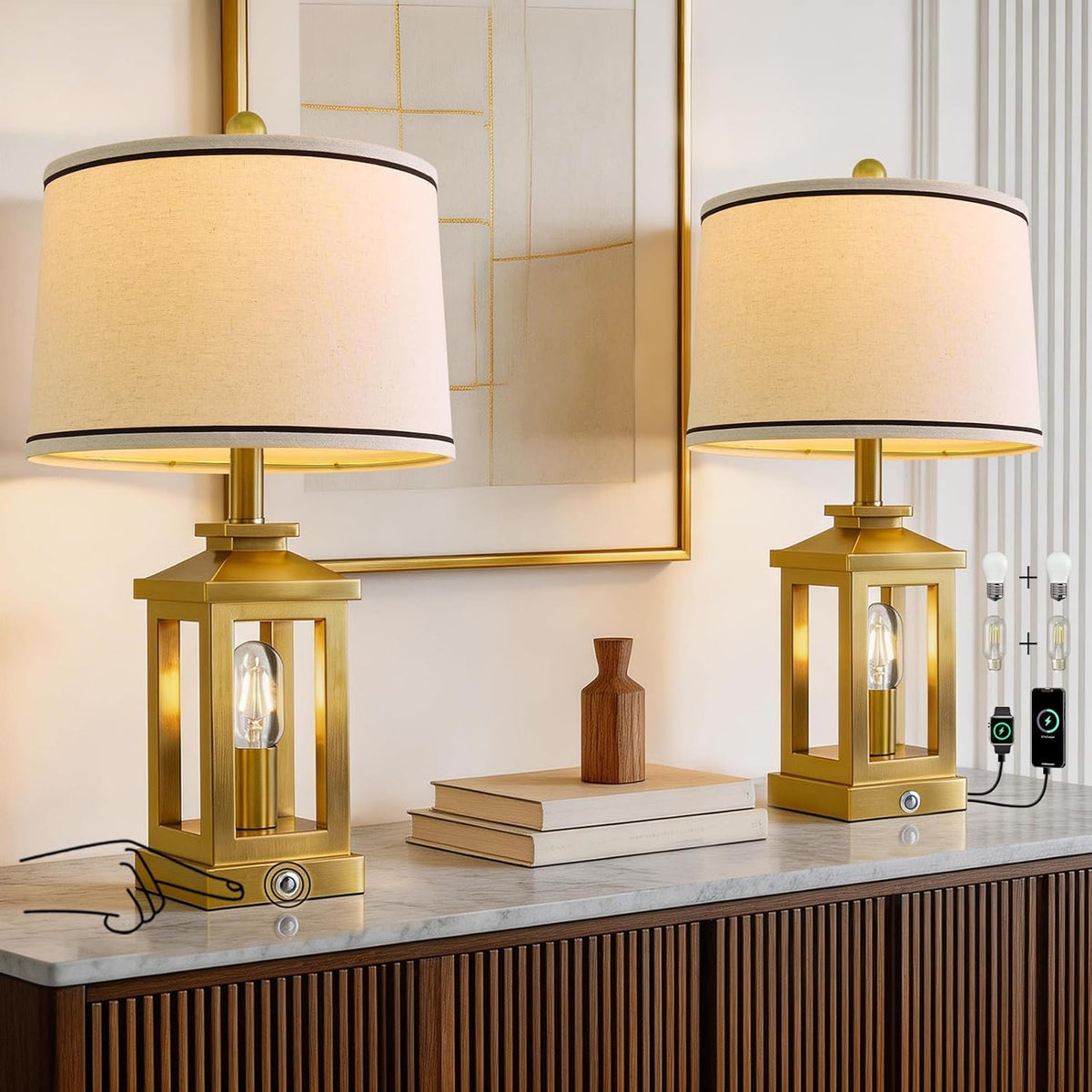 Modern Table Lamps Set of 2 for Living Room 23.75" Bedroom Nightstand Lamps
