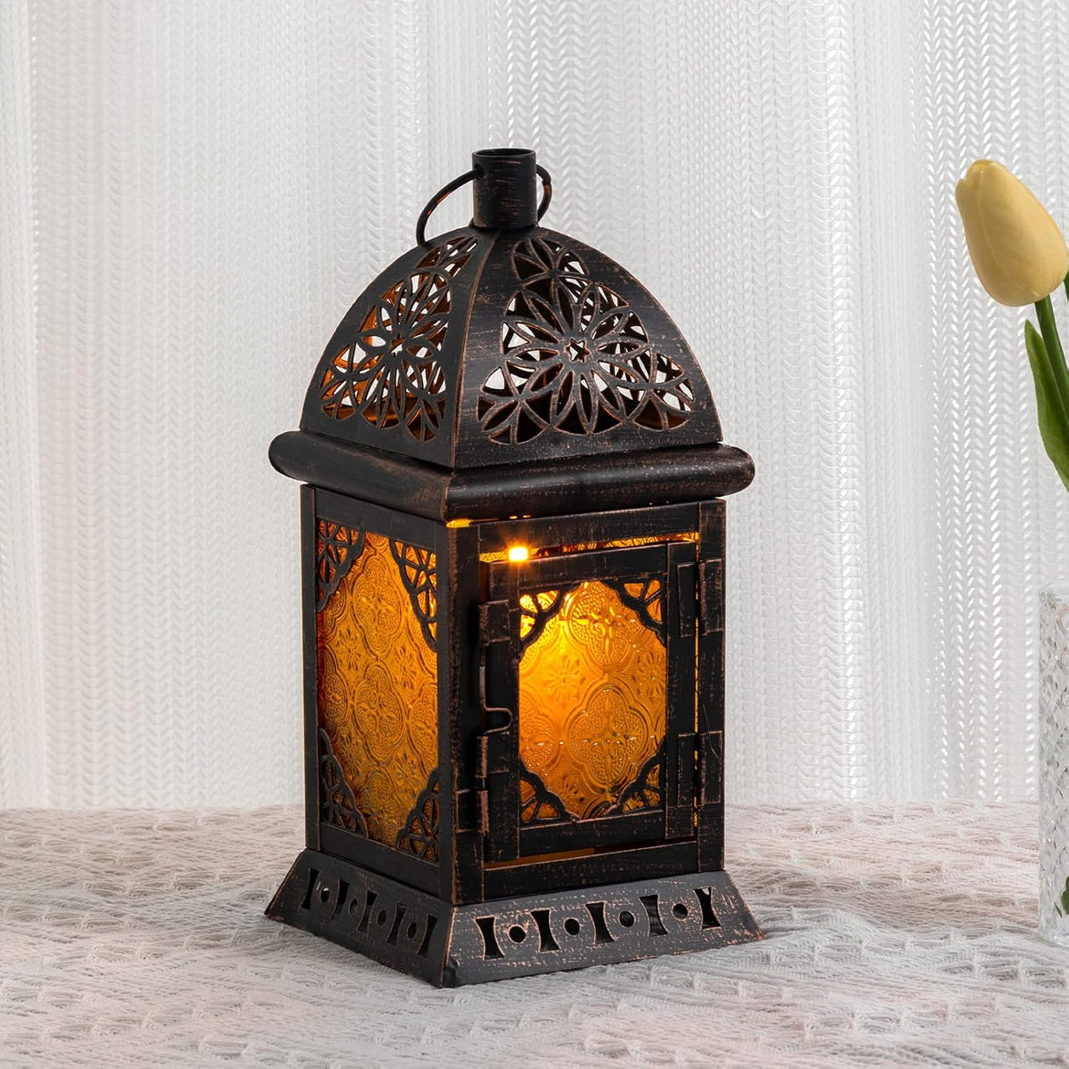 Candle Lanterns Decorative Indoor & Outdoor, 12'' Vintage Moroccan Hanging&Tabletop Lantern, Christmas Halloween Metal Candle Holder for Home Front Porch Patio Decor (Amber)