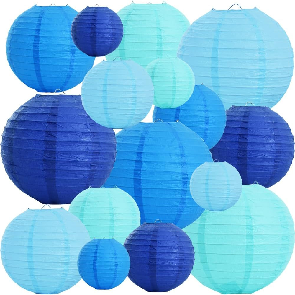 Blue Mix Paper Lanterns 16Pcs 6/8/10/12 Inch round Chinese Lamp