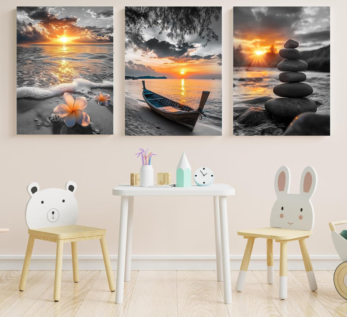 Black and White Gold Beach Wall Art Ocean Poster Coastal Canvas Print Sea Pictures Sunrise Sunset Painting Framed Office Artwork for Bathroom Wall Decor Bedroom Living Room Home Décor