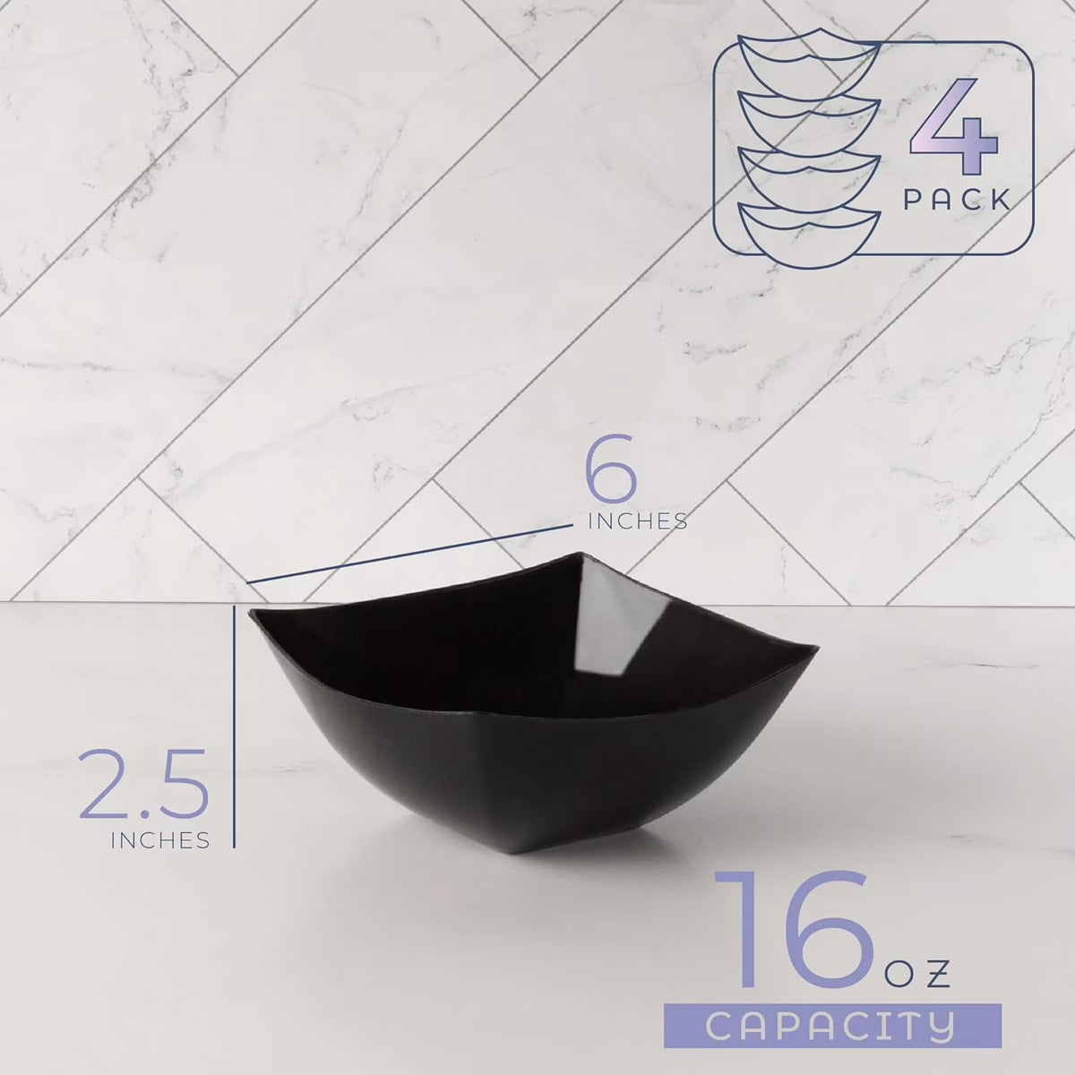 16 Oz Disposable Serving Bowls Black Plastic Square Snack Bowls, 4-Pack