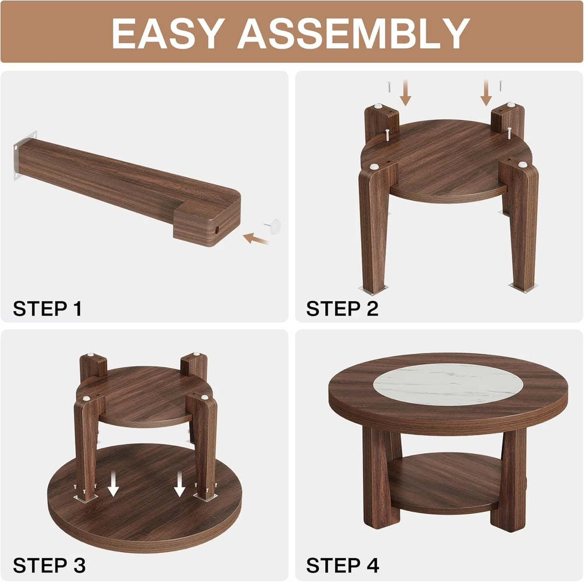 Coffee Table, 2-Tier round Coffee Tablefor Living Room, Industrial Circle Wood Accent Center Table with Heavy-Duty Wood Tabletop and Storage, Brown and White