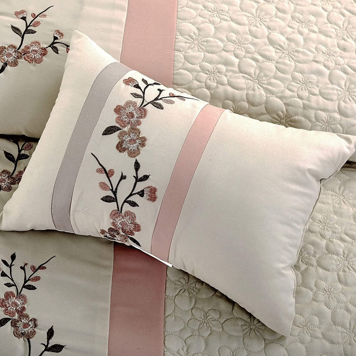 Linnea 7-Piece Luxury Blush Cherry Blossom Floral Embroidery Bedding Comforter Set, Queen