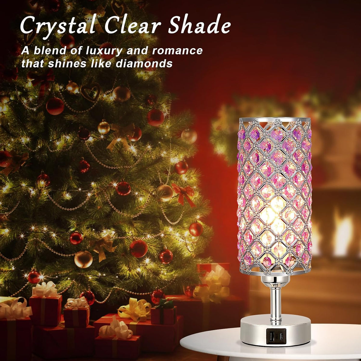 Purple Crystal Table Lamp with USB C+A 3-Way Dimmable Bedside Lamp