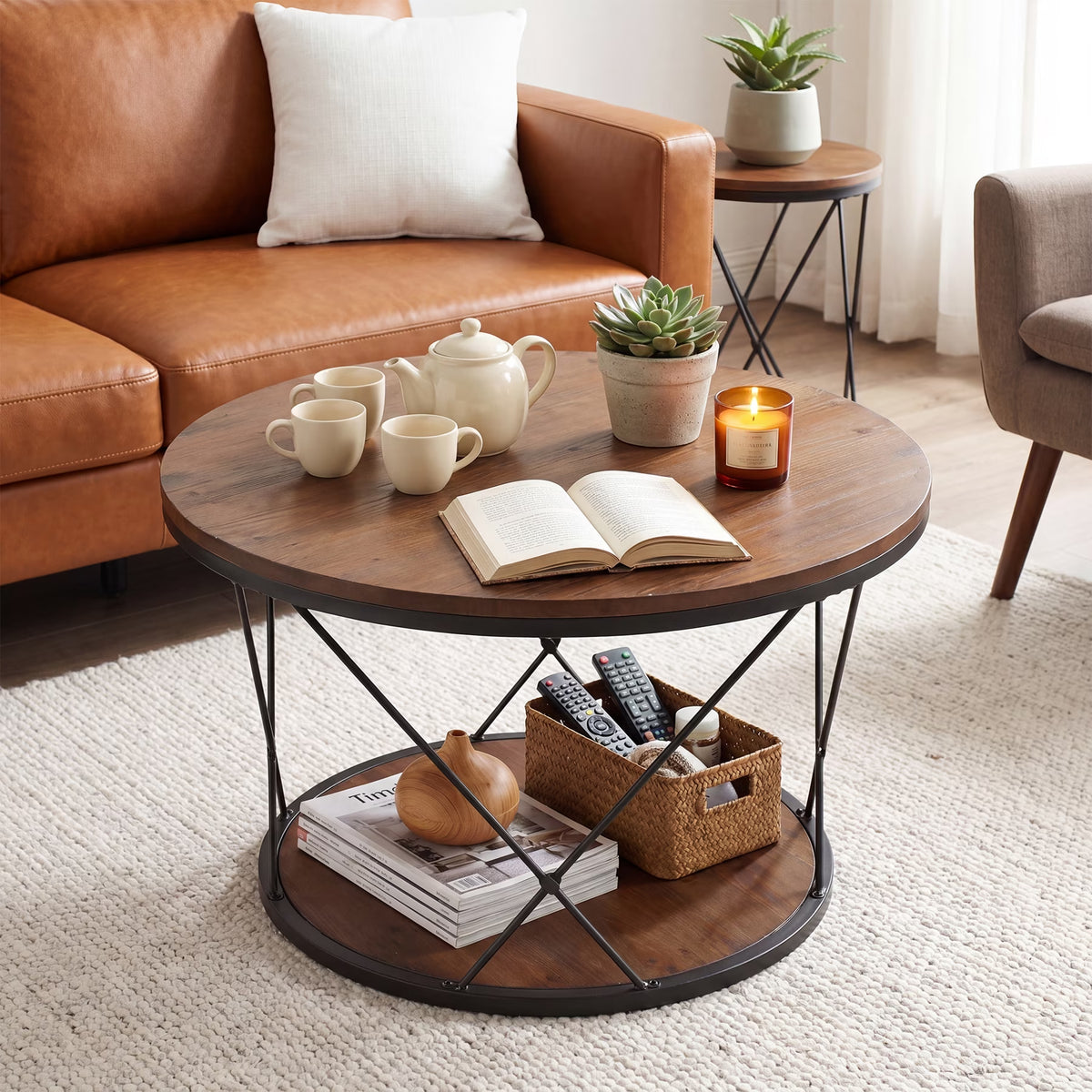 2-Tier Solid Wood round Coffee Table, 31.5-Inch Farmhouse Circle Tea Table with X-Shaped Support for Living Room, Rustic Brown and Black