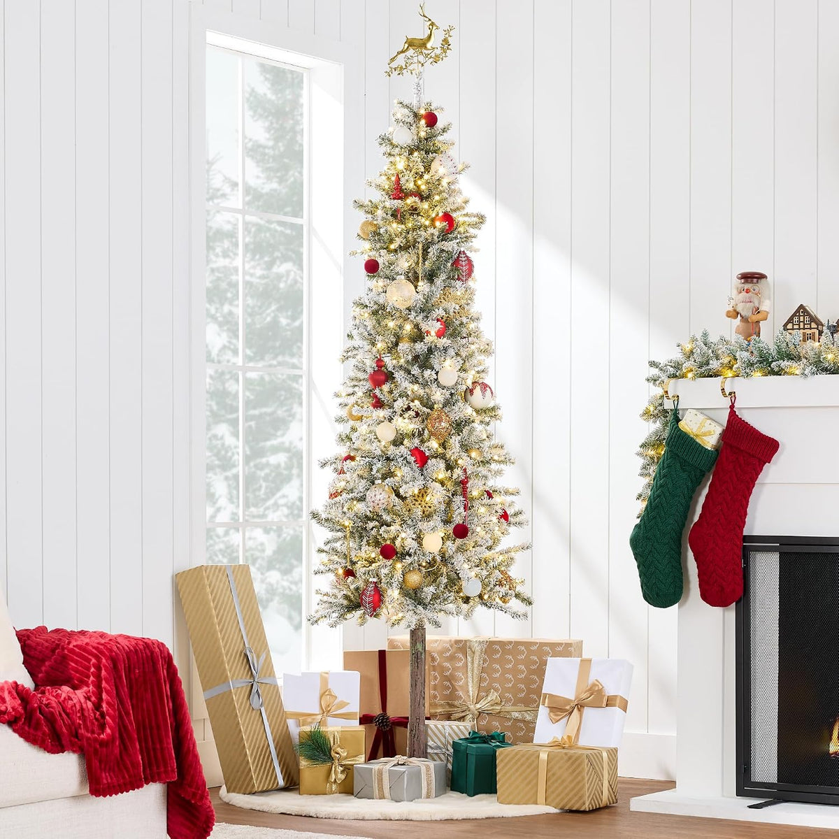 Flocked Pencil Christmas Tree 6Ft Pre-Lit Alpine Slim Holiday Decoration, Lighted Skinny Décor LED Lights, Metal Stand