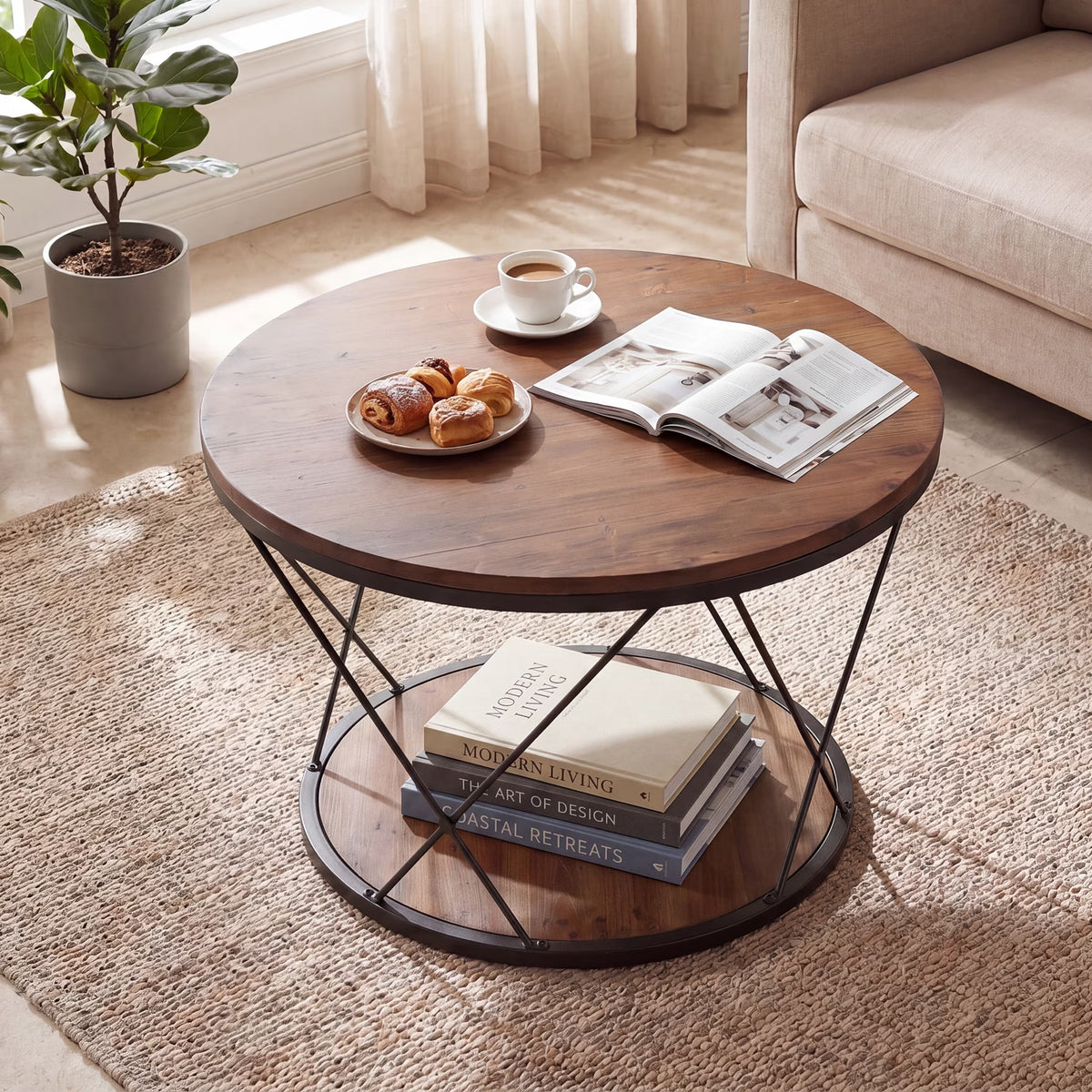 2-Tier Solid Wood round Coffee Table, 31.5-Inch Farmhouse Circle Tea Table with X-Shaped Support for Living Room, Rustic Brown and Black