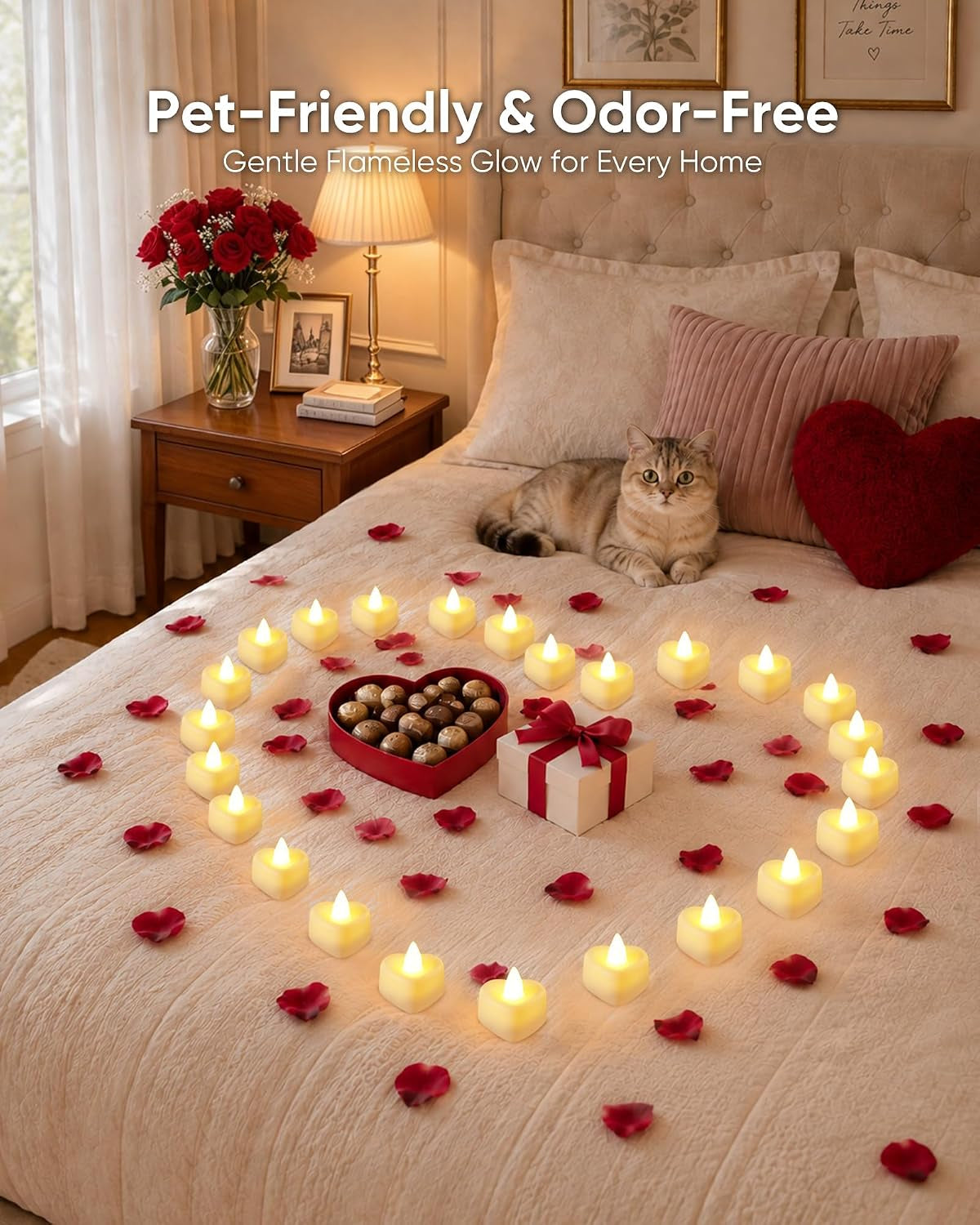 2000 Pieces Artificial Rose Petals with 24 Heart LED Tea Lights Candles Kit, Rose Petals and Candles Set for Proposal, Anniversary, Special Romantic Night, Wedding Table Decor, Birthday