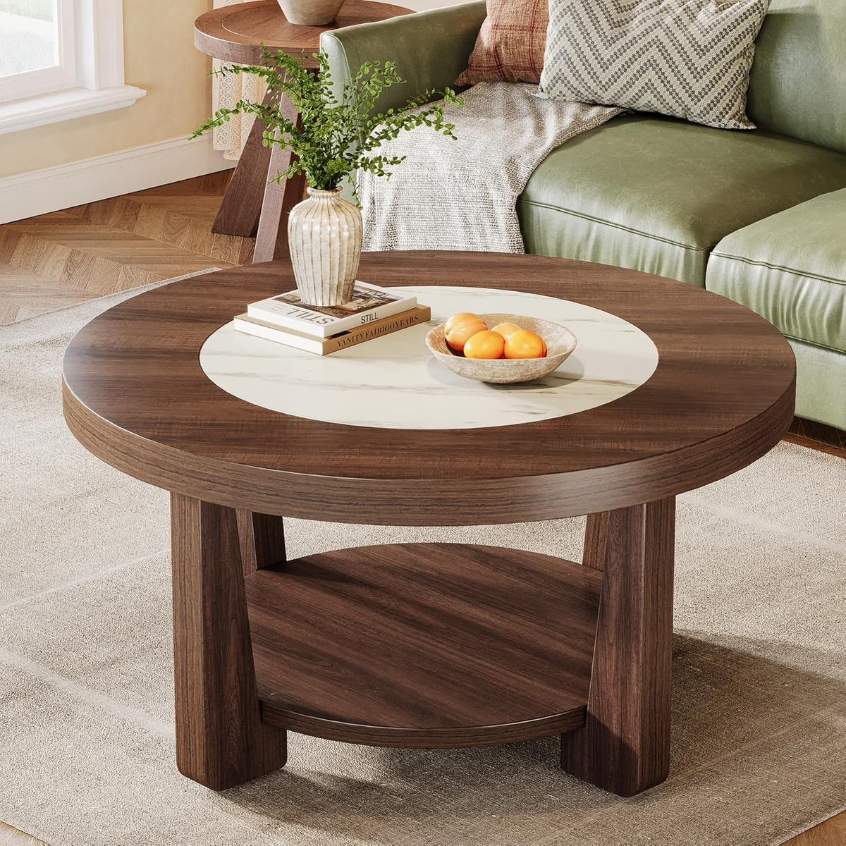 Coffee Table, 2-Tier round Coffee Tablefor Living Room, Industrial Circle Wood Accent Center Table with Heavy-Duty Wood Tabletop and Storage, Brown and White