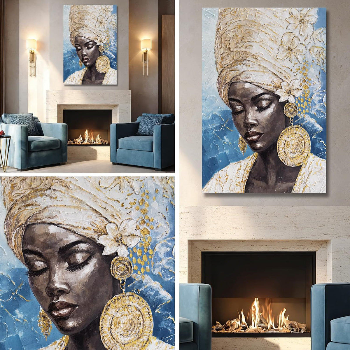 Blue Gold Black Woman Wall Art, Large African American Canvas Wall Art for Living Room Bedroom Office, Modern Portrait Wall Art Print, 32X48 Inch