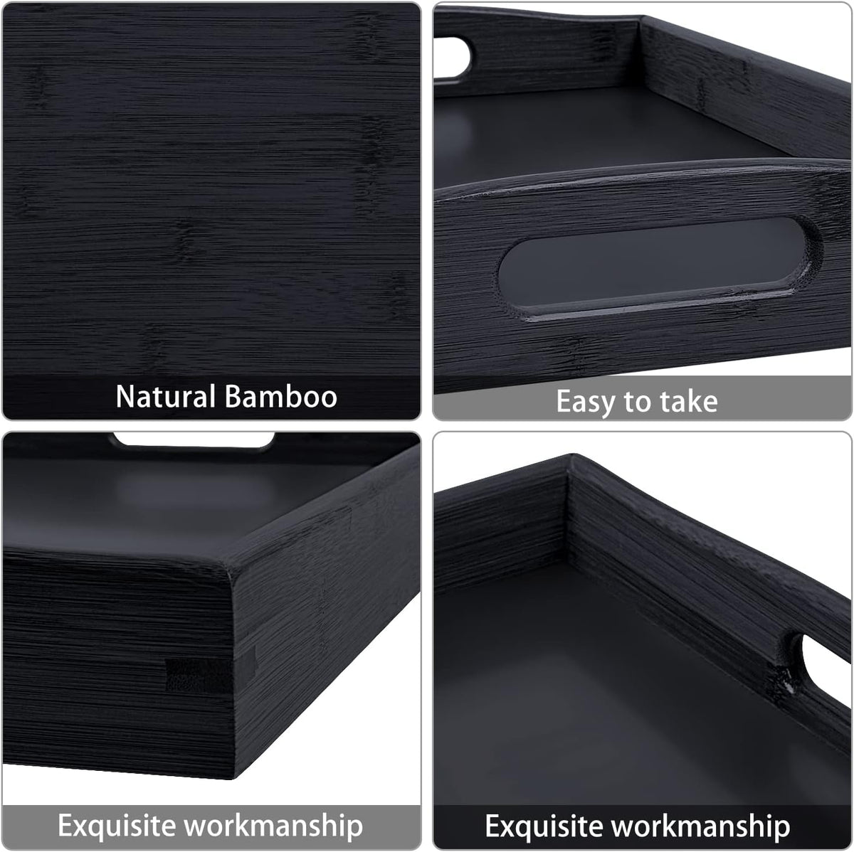 3 Pack Bamboo Serving Trays with Handles, Wooden Food Trays (Black