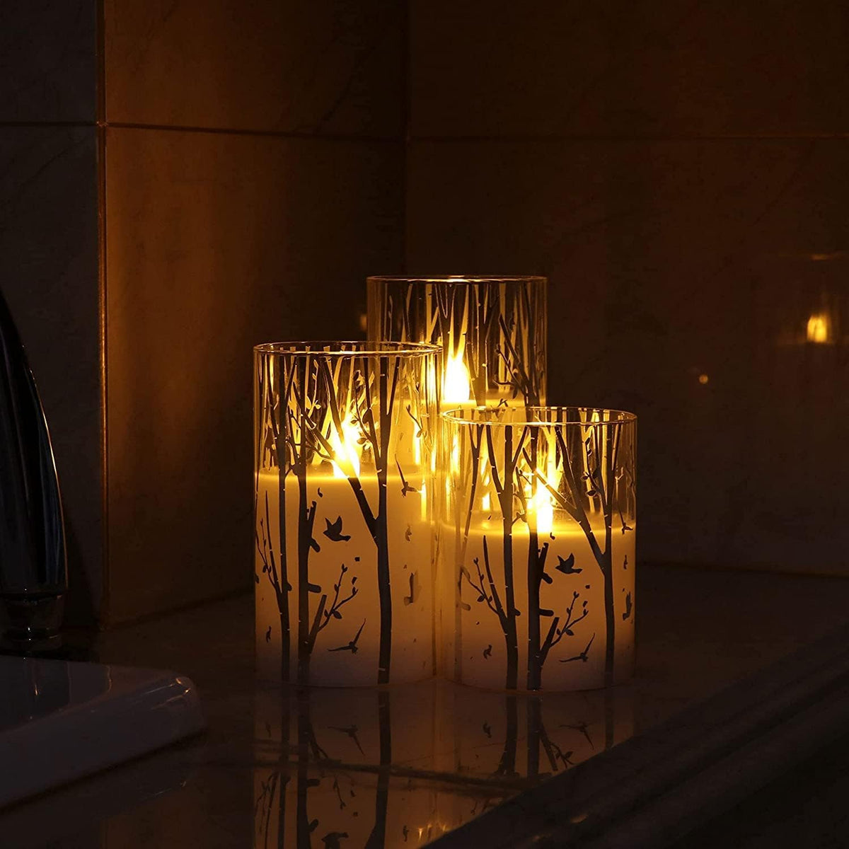 Birch Design Glass LED Candles with 6H Timer Function, Set of 3
