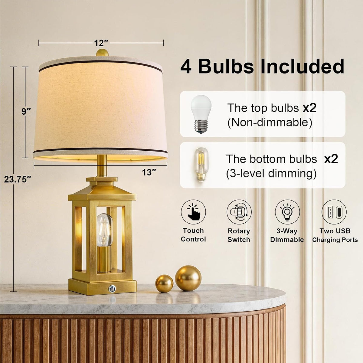 Modern Table Lamps Set of 2 for Living Room 23.75" Bedroom Nightstand Lamps