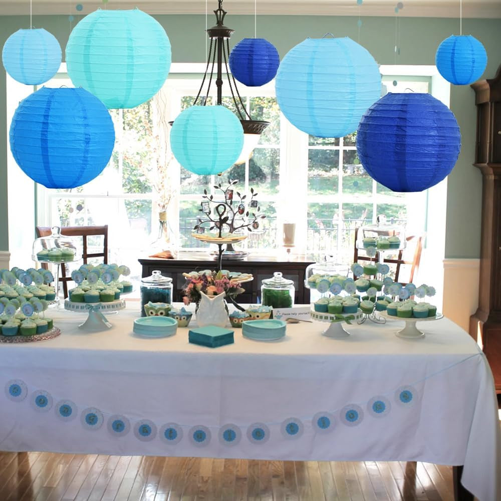 Blue Mix Paper Lanterns 16Pcs 6/8/10/12 Inch round Chinese Lamp