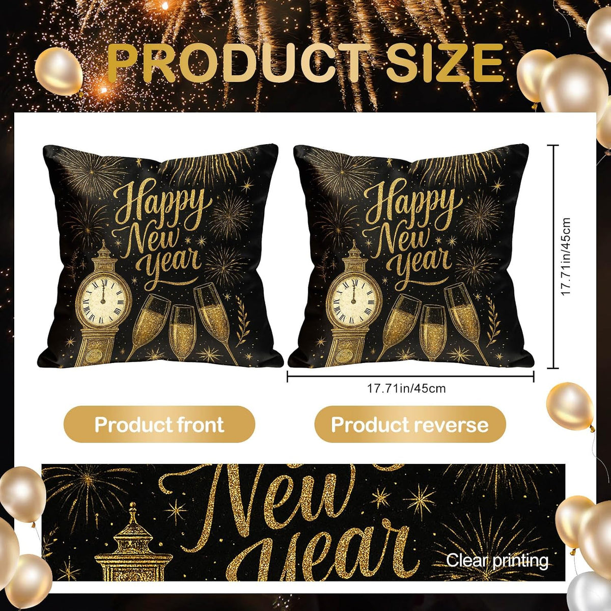 Set of 2 Happy New Year Throw Pillow Covers 18X18 Inch Soft Decorative Gold Black Celebration Cushion Covers Rustic Farmhouse Holiday Winter Pillow Cases for Sofa Couch Bed Home Decor