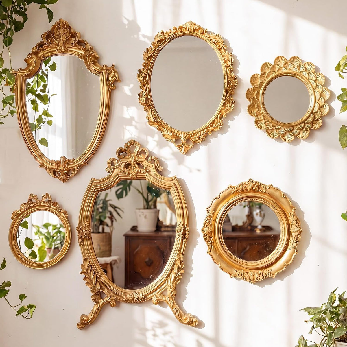6 Pack Vintage Gold Mirror for Wall Gold Antique Wall Hanging Mirrors for Bedroom Decorative Resin Frame Baroque Style Assorted Sizes Tabletop Tray for Gallery Home Living Room Decor (Round)