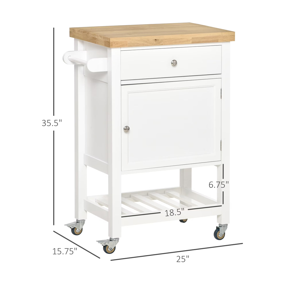 Utility Kitchen Cart, Rolling Kitchen Island with Smooth Rubberwood Top, Narrow Butcher Block Surface on Wheels with Storage Drawer & Cabinet, White