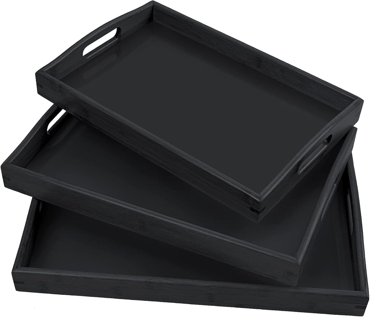 3 Pack Bamboo Serving Trays with Handles, Wooden Food Trays (Black